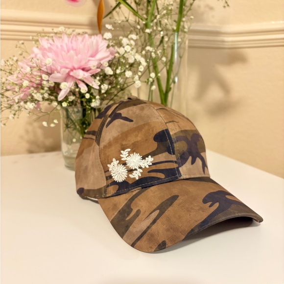 Johnny Was Brown Camouflage Cap with White Floral Embroidery